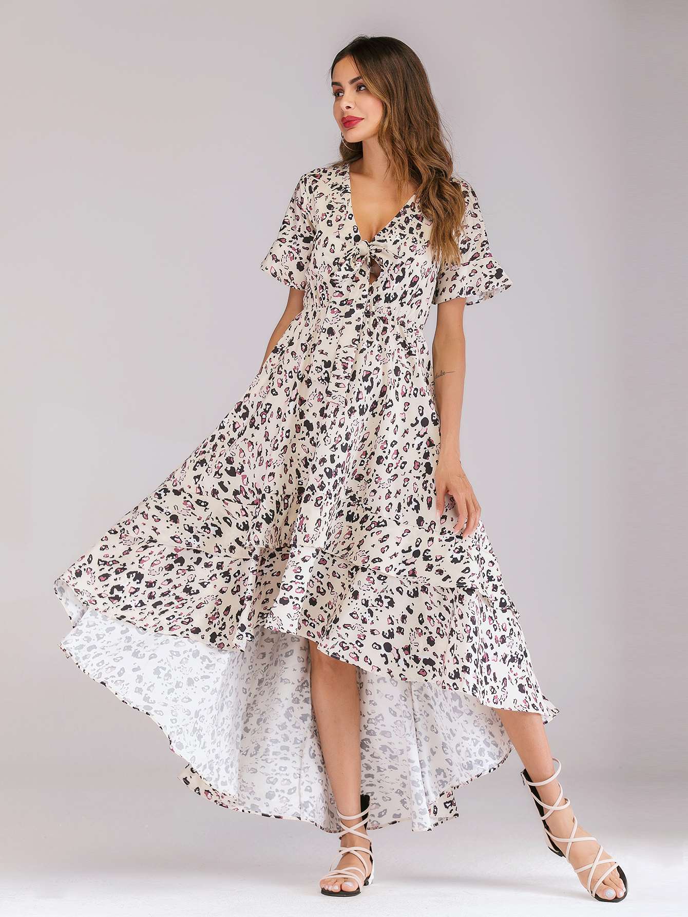 Fashion V neck Print Skater Maxi Dresses