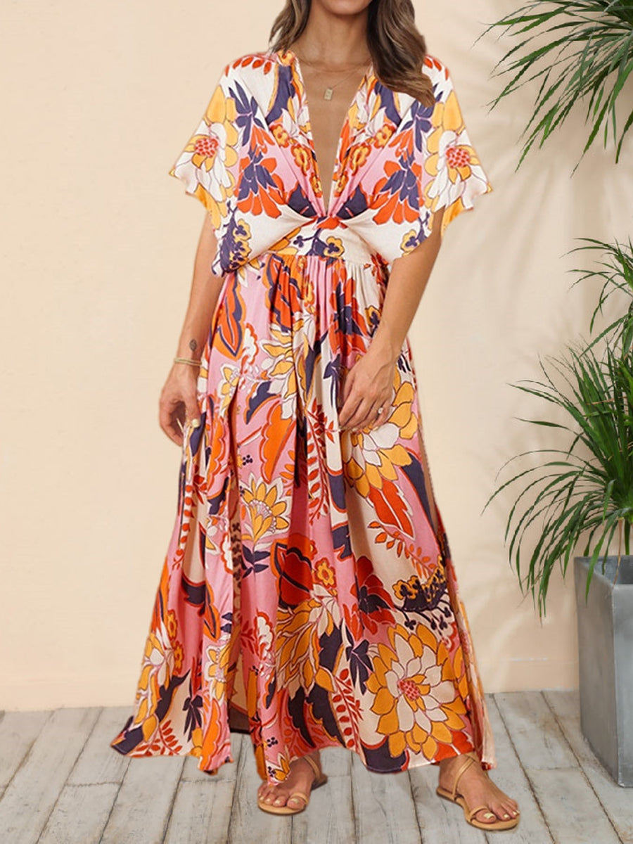 Floral Deep V Dolman Sleeve Split Maxi Dress