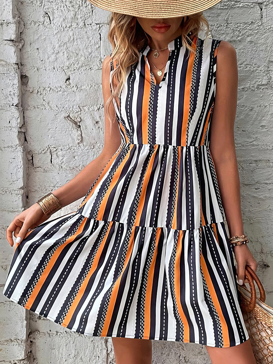 Fashion Print Stand Collar Striped Sleeveless Mini Dress