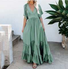 Fashion vacation bohemia Short sleeve V neck women maxi dresses