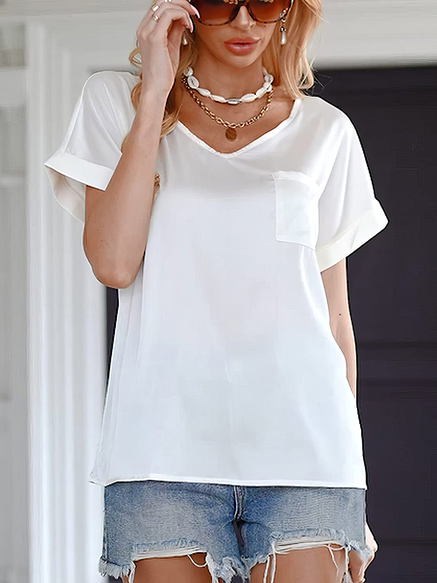 V Neck Pocket Rolled Short Sleeve Loose Casual T-Shirt