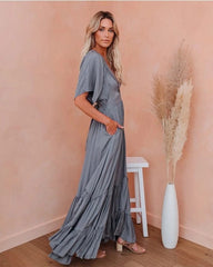 Fashion vacation bohemia Short sleeve V neck women maxi dresses