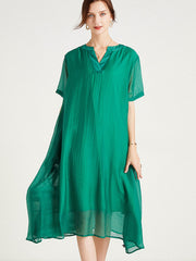 Size Curve Dresses Large Size V-Neck Short Sleeve Silk Loose Midi Dress