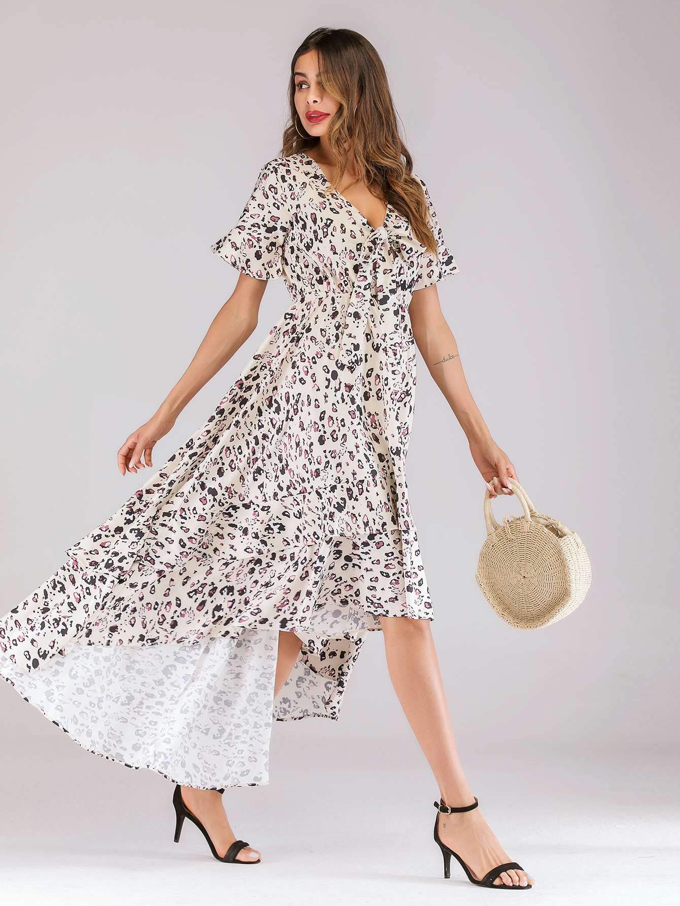 Fashion V neck Print Skater Maxi Dresses