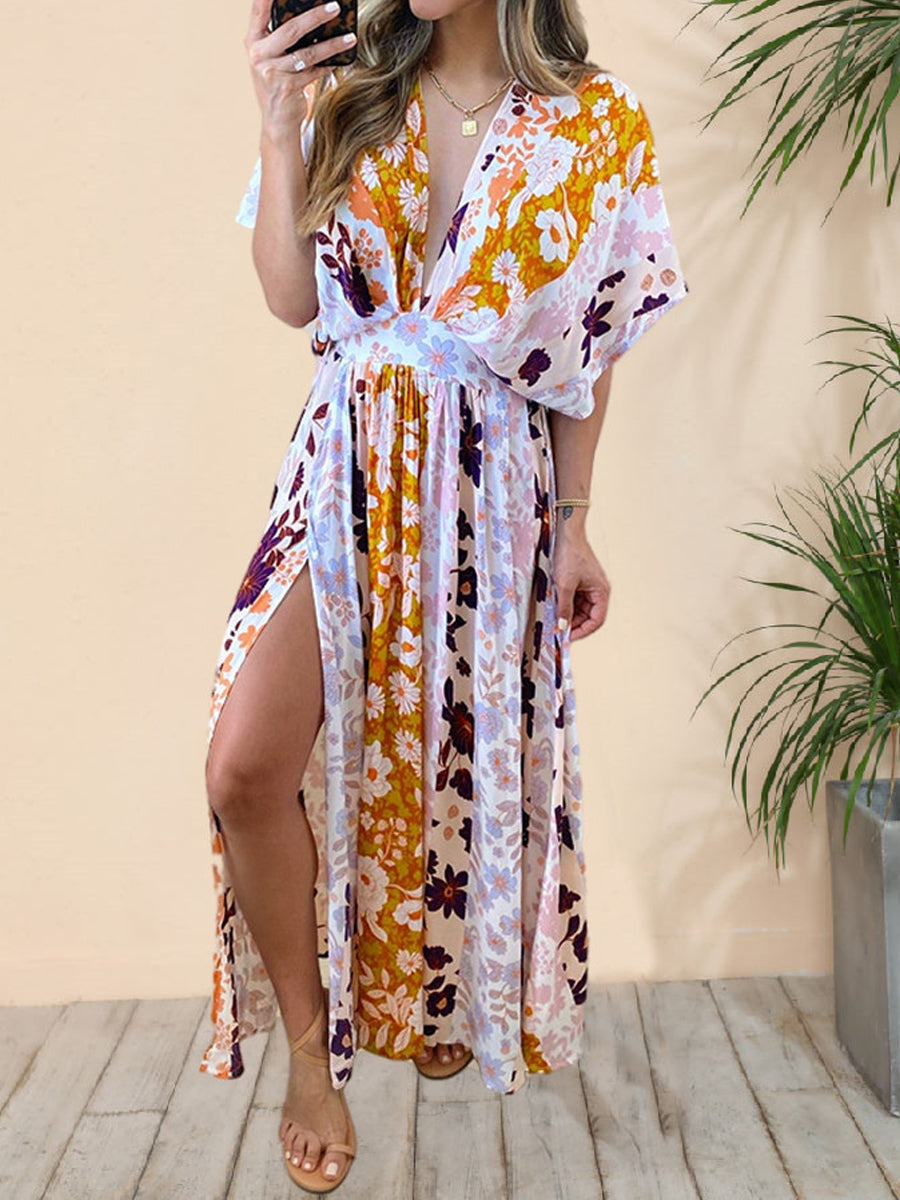 Floral Deep V Dolman Sleeve Split Maxi Dress