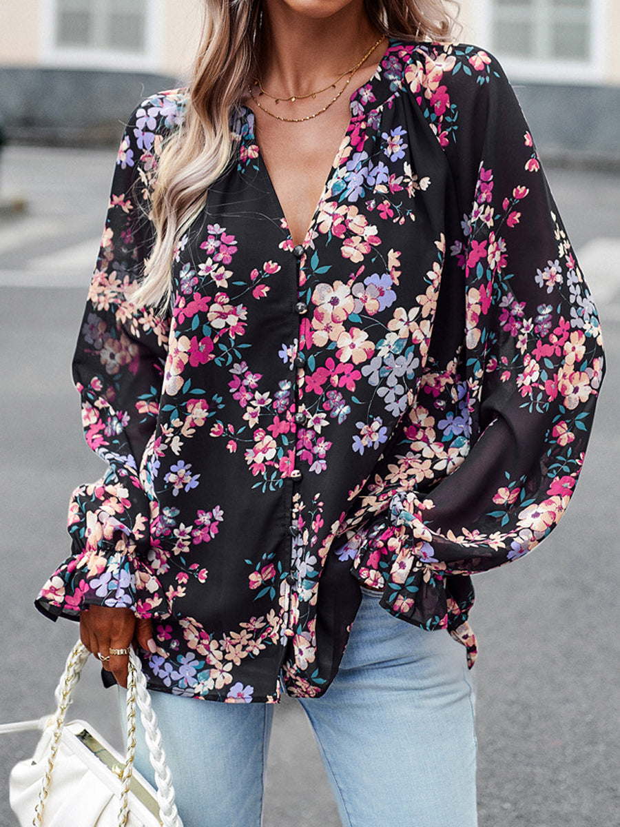 Commuting Elegant Printed Button V Neck Long Sleeved Blouse