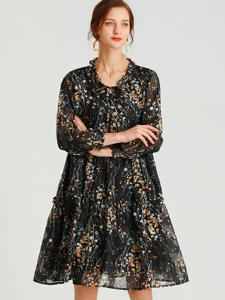 Size Curve Dresses Loose Floral Temperament Slim Long Sleeved Mini Dress