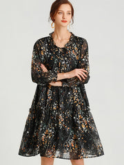 Size Curve Dresses Loose Floral Temperament Slim Long Sleeved Mini Dress