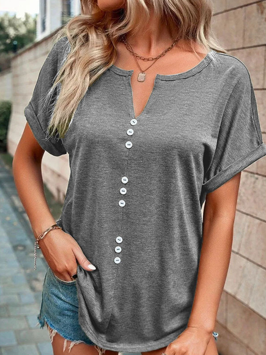 V-Neck Button Short-Sleeved T-Shirt