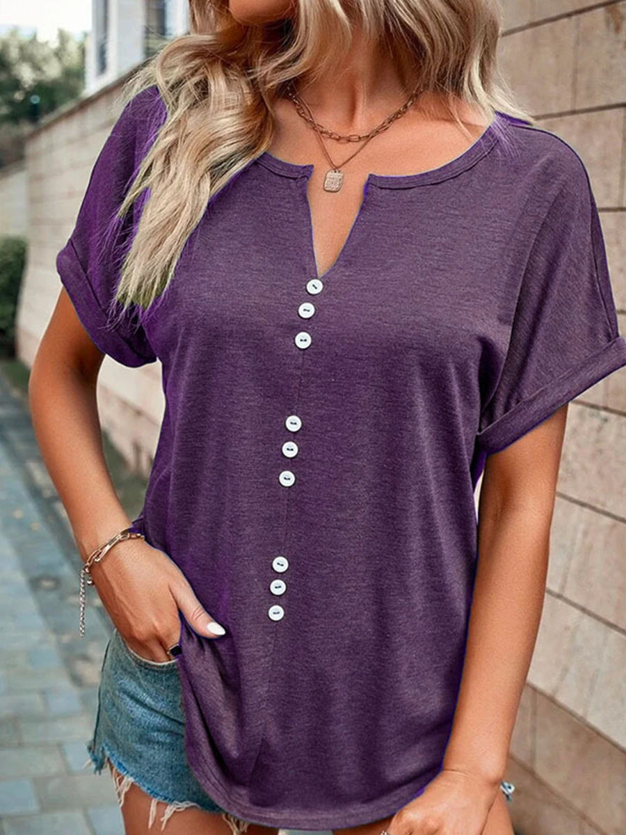 V-Neck Button Short-Sleeved T-Shirt