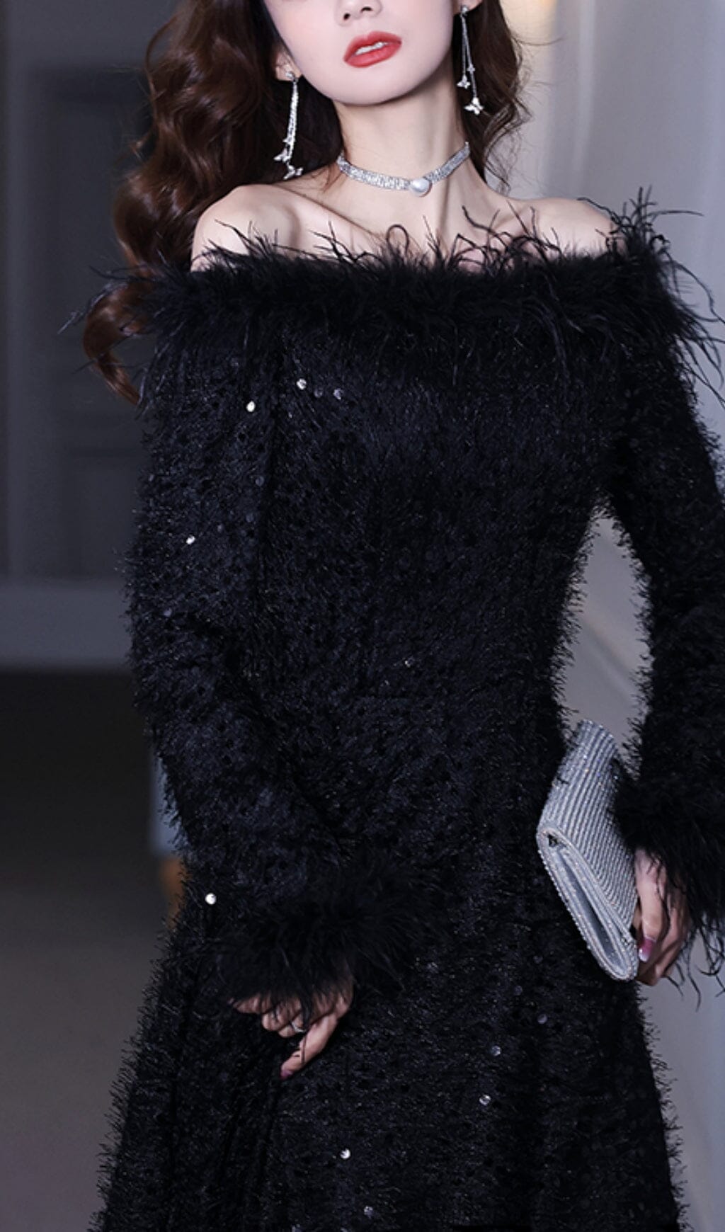 SEQUIN SEXY OFF SHOULDER FEATHER LONG SLEECES GOWN IN BLACK