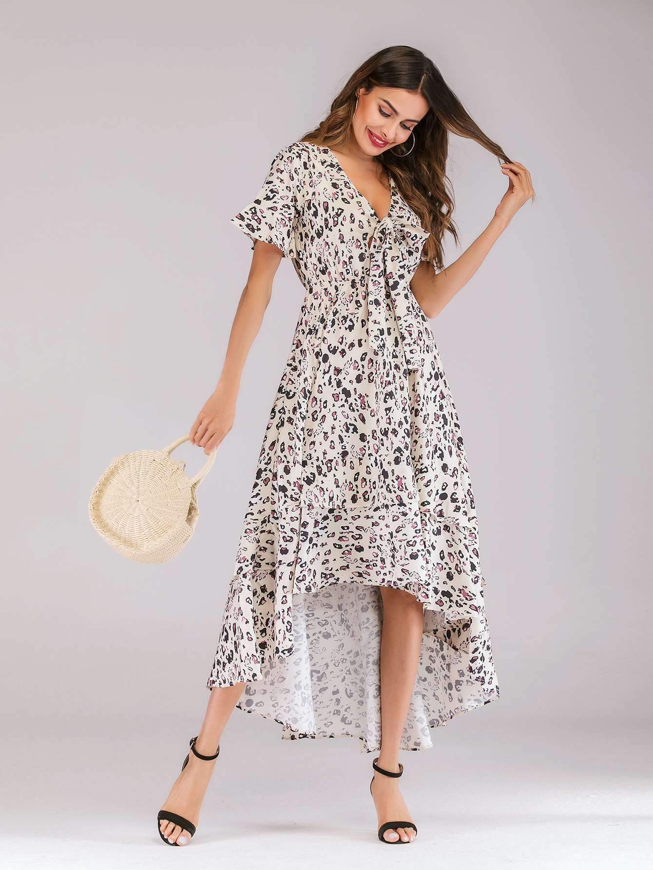 Fashion V neck Print Skater Maxi Dresses