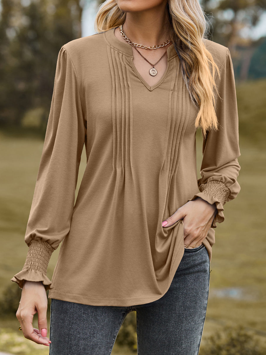 V Neck Puff Short Sleeve Pleated Fashion Casual Tunic T-Shirt