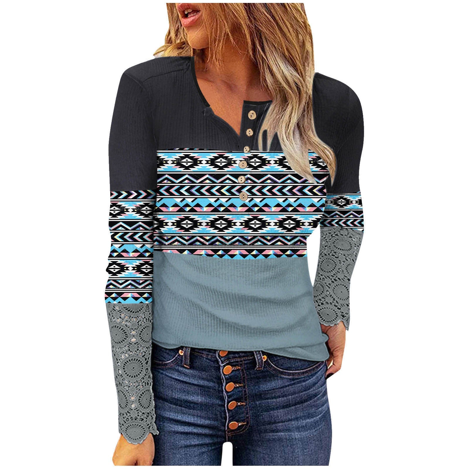 Slim fit button-down striped Round neck lace top T-shirts