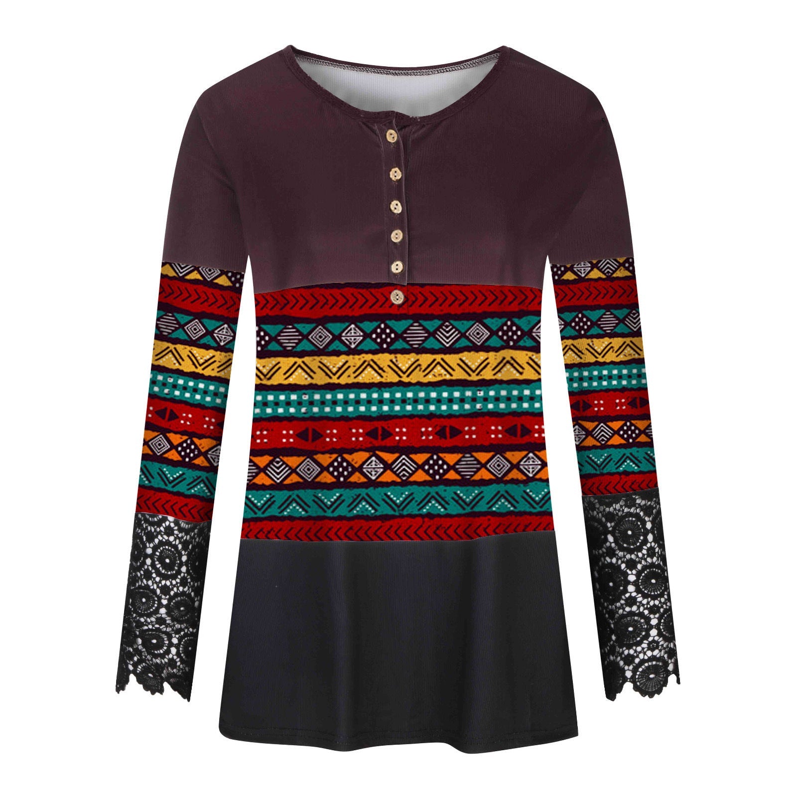 Slim fit button-down striped Round neck lace top T-shirts