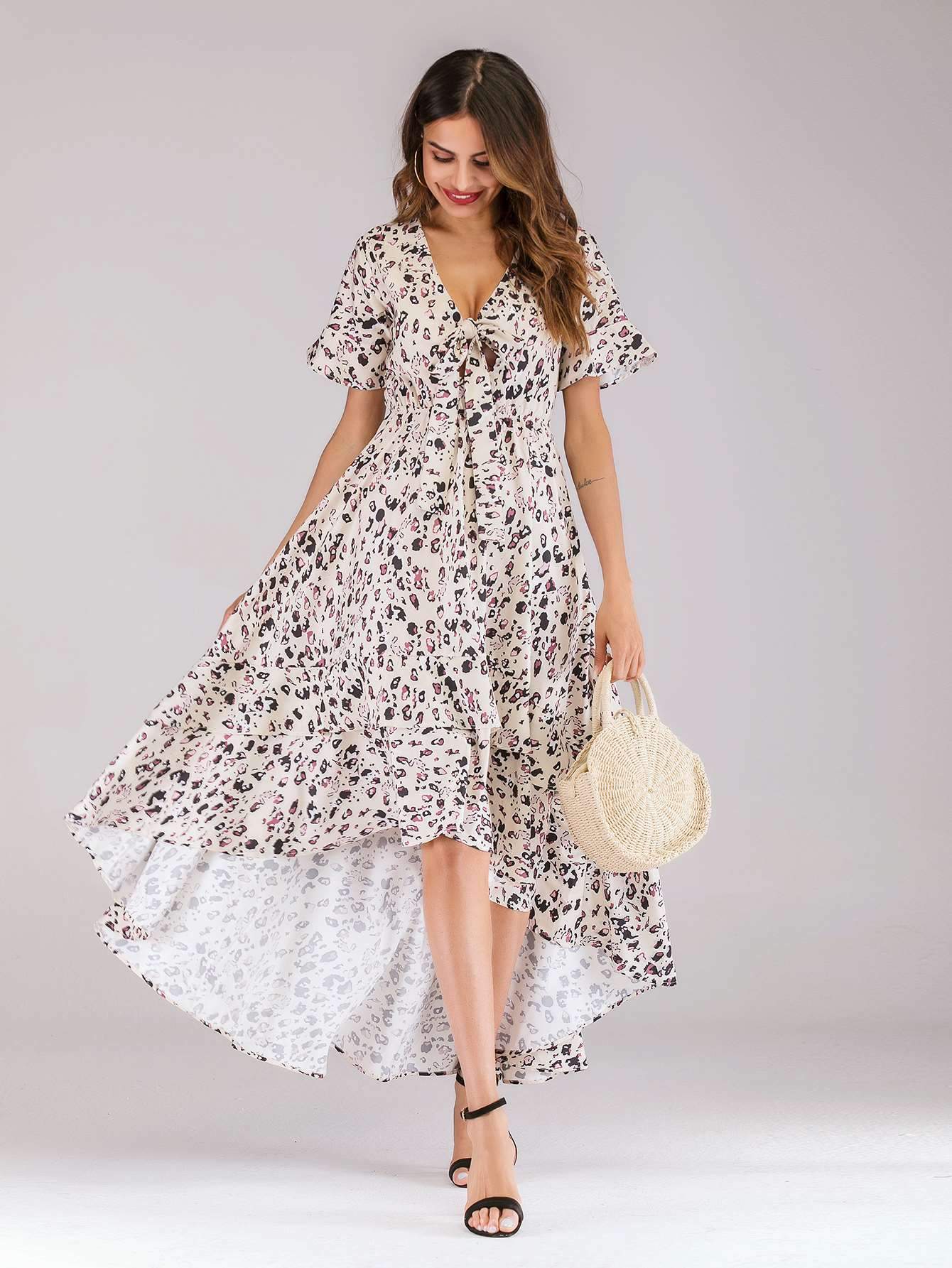 Fashion V neck Print Skater Maxi Dresses