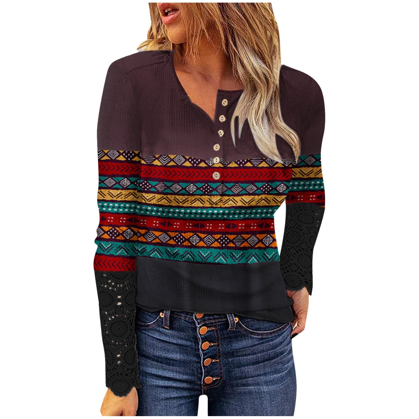 Slim fit button-down striped Round neck lace top T-shirts