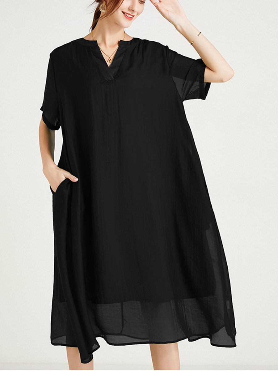 Size Curve Dresses Large Size V-Neck Short Sleeve Silk Loose Midi Dress