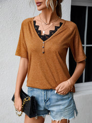 Loose V Neck Lace Short Sleeve T-Shirt