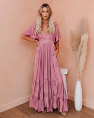 Fashion vacation bohemia Short sleeve V neck women maxi dresses