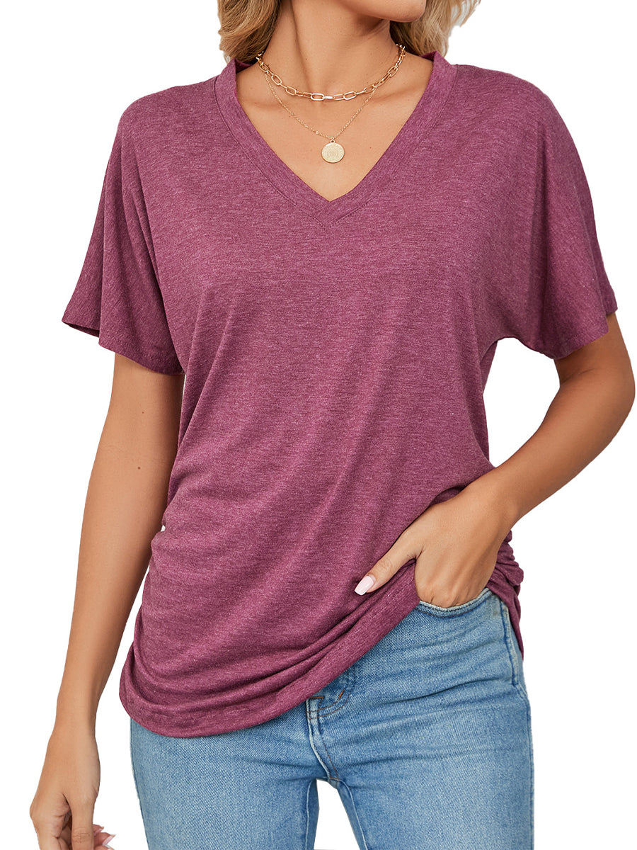 Casual V Neck Short Sleeve Solid Color Basic T-Shirt