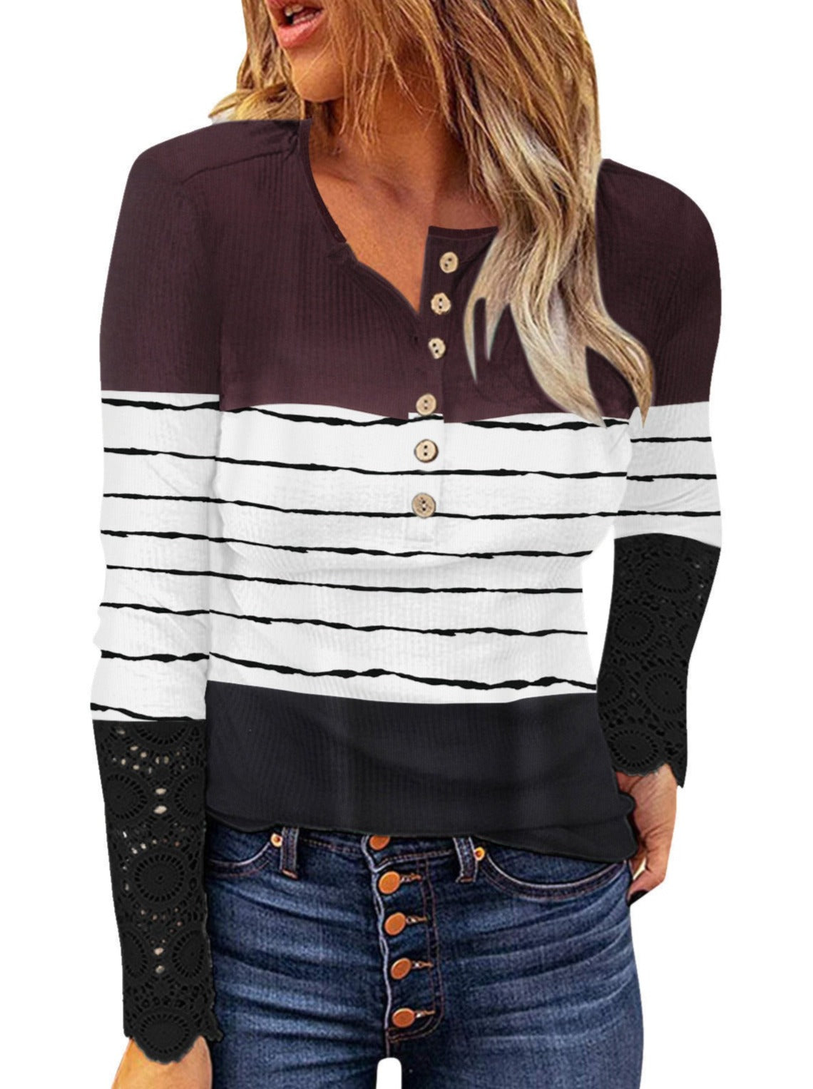 Slim fit button-down striped Round neck lace top T-shirts