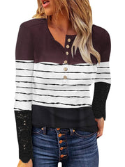 Slim fit button-down striped Round neck lace top T-shirts
