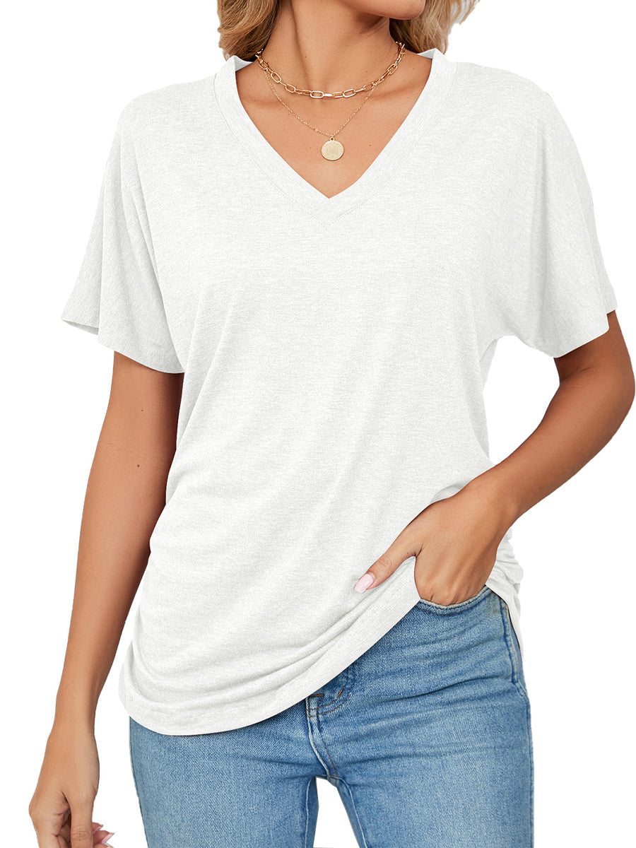 Casual V Neck Short Sleeve Solid Color Basic T-Shirt