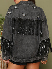 Vintage Sequin Tassel Loose Lapel Denim Coat