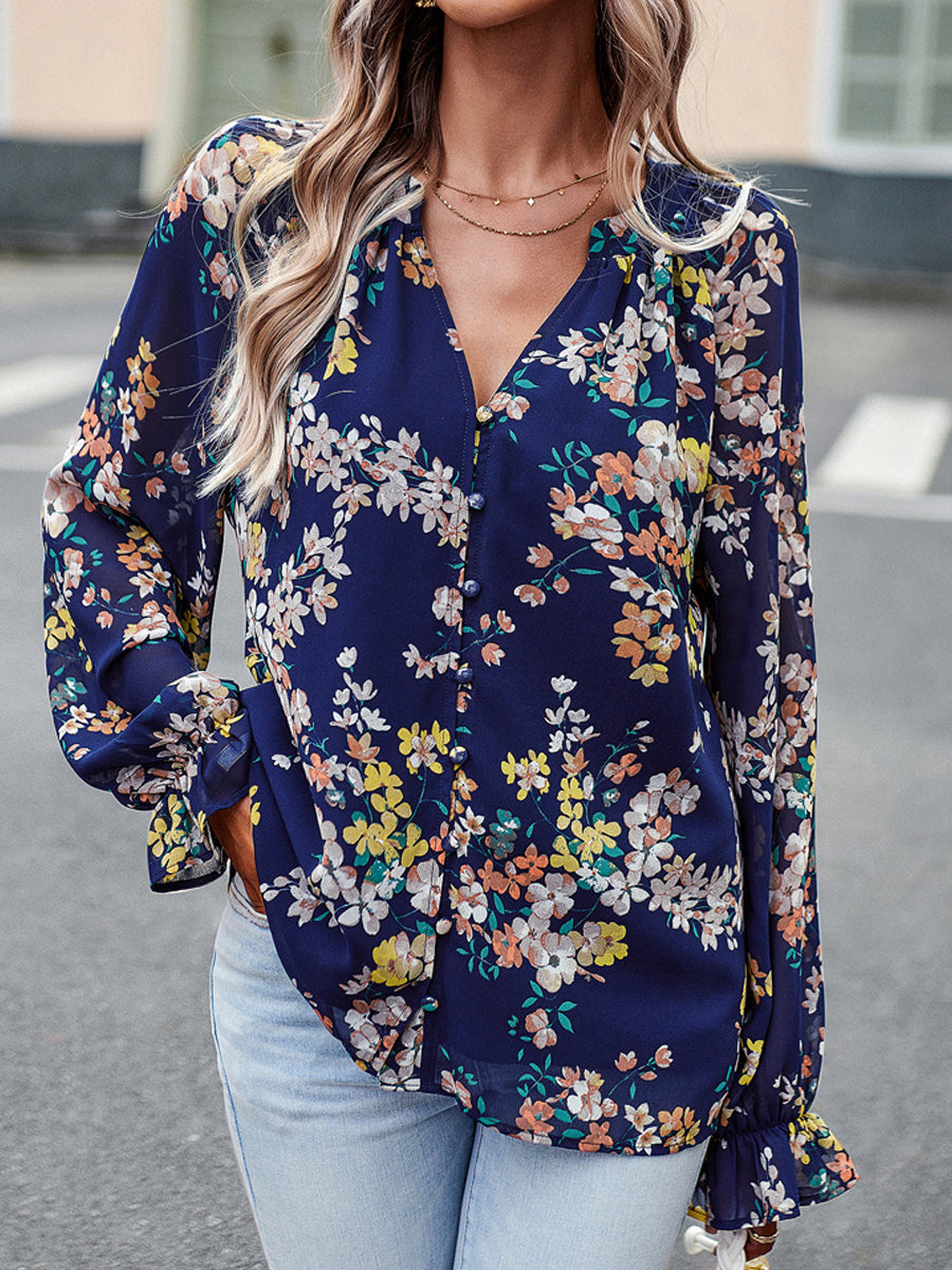 Commuting Elegant Printed Button V Neck Long Sleeved Blouse