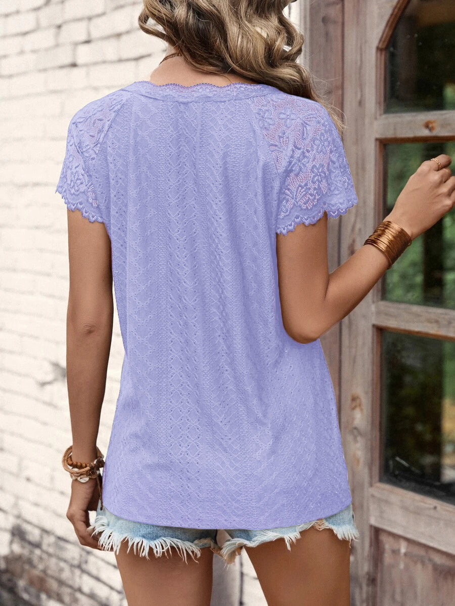 V-Neck Stitching Lace Loose Short-Sleeved T-Shirt