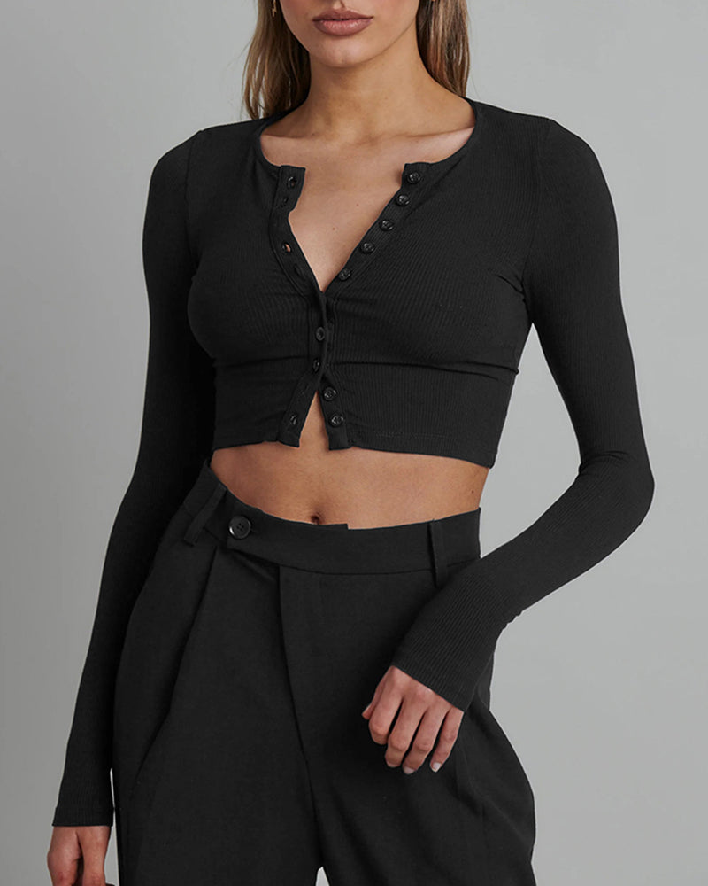 Button Down Long Sleeve Crop Top - Sexy Summer Tops