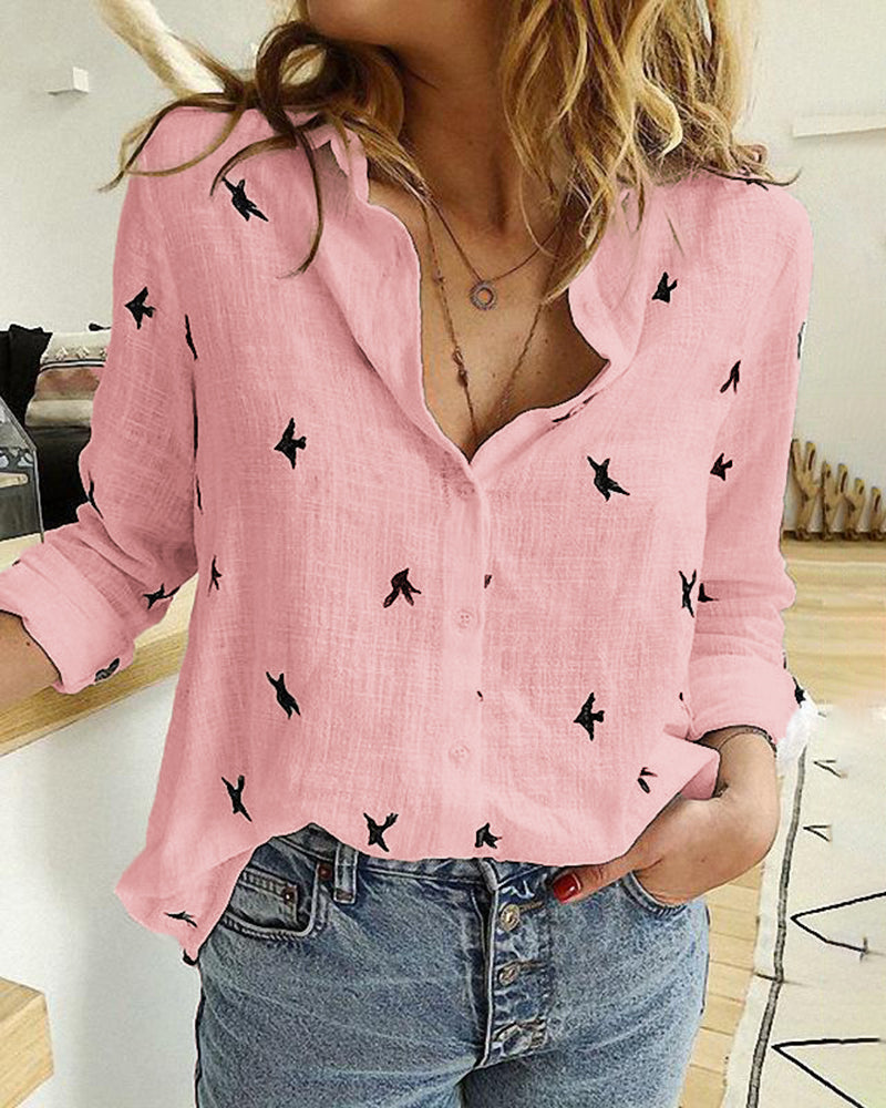 Casual Lapel 3/4 Sleeve Tops Cute Print Lapel Blouse Loose Fit T Shirt