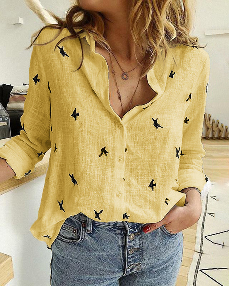 Casual Lapel 3/4 Sleeve Tops Cute Print Lapel Blouse Loose Fit T Shirt