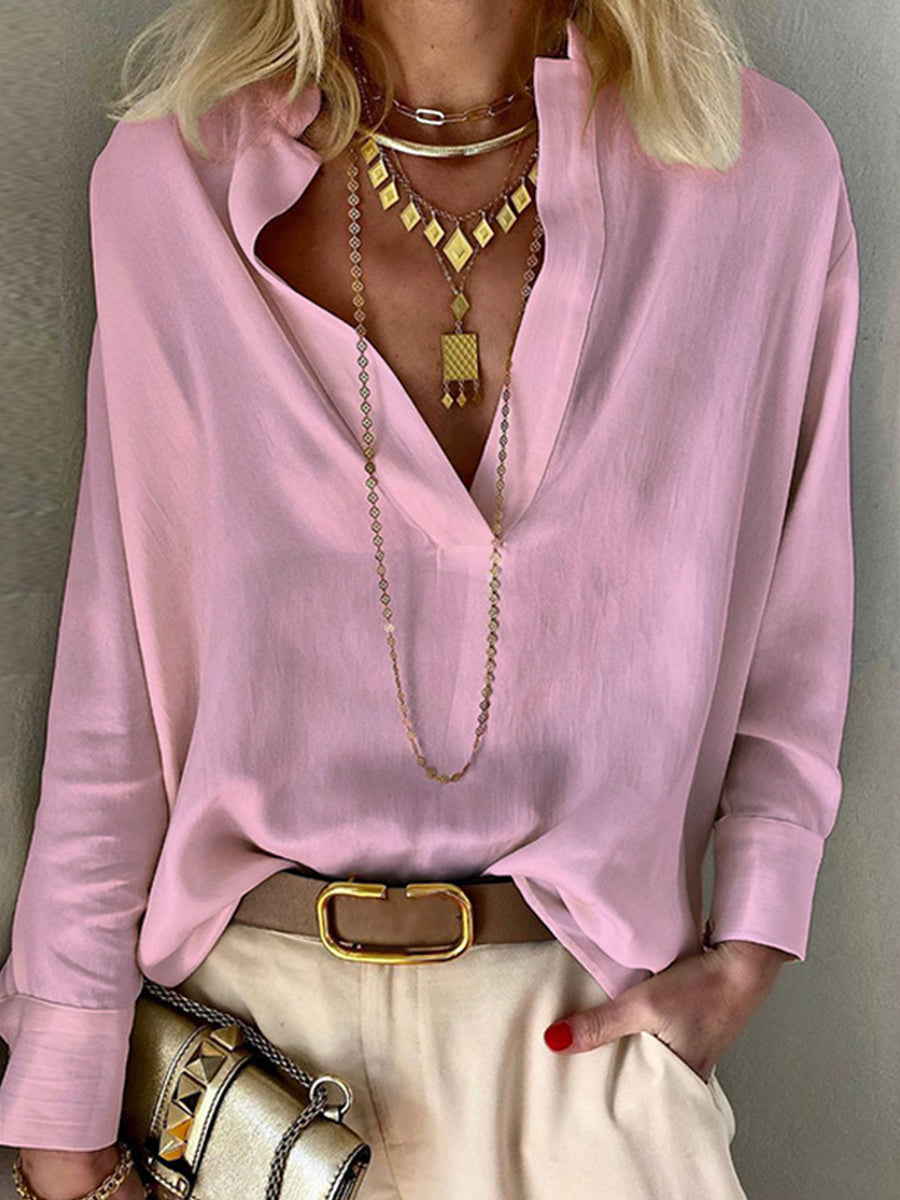 Solid Color Casual V-Neck Long Sleeve Cotton Linen Blouse