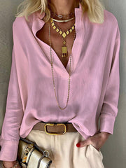 Solid Color Casual V-Neck Long Sleeve Cotton Linen Blouse
