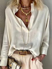 Solid Color Casual V-Neck Long Sleeve Cotton Linen Blouse