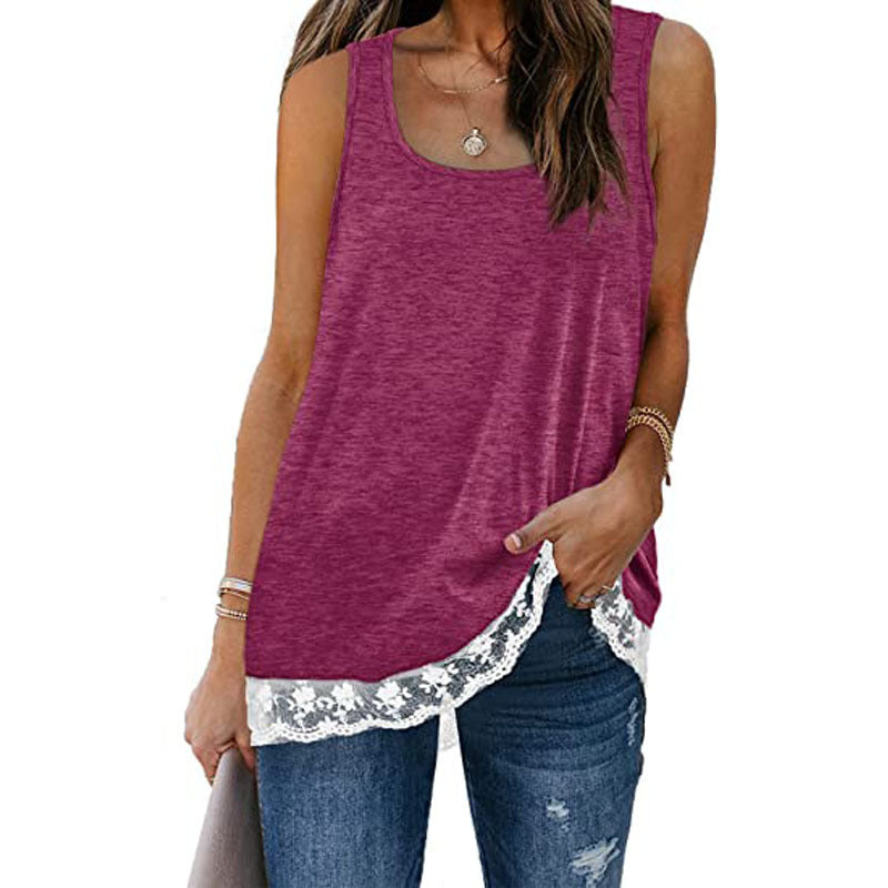Solid color lace round neck vests