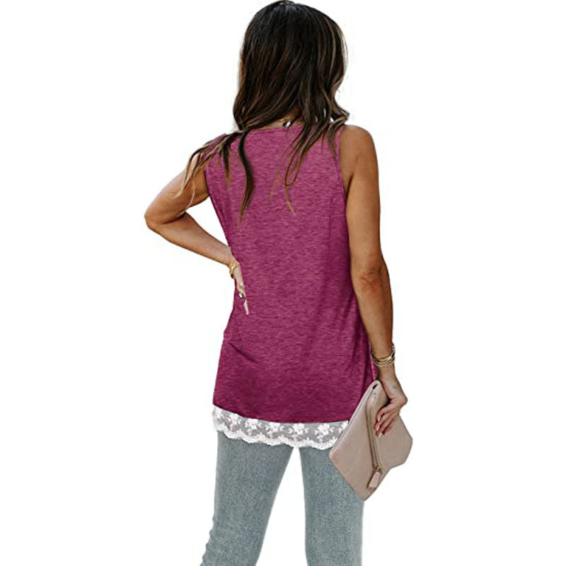 Solid color lace round neck vests