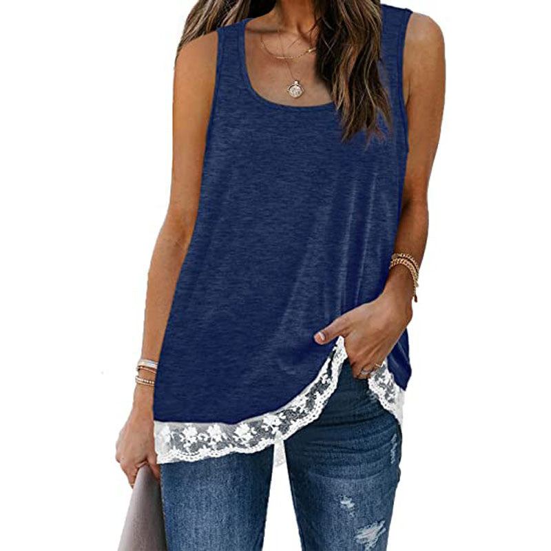 Solid color lace round neck vests