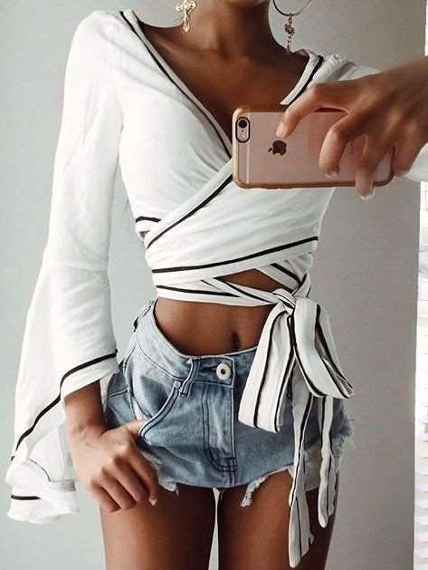Fashion V neck Lacing Mandarin sleeve T-Shirts