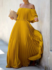 Boat Neck One-Shoulder Pleated Chiffon Dress