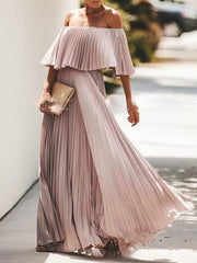 Boat Neck One-Shoulder Pleated Chiffon Dress