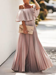 Boat Neck One-Shoulder Pleated Chiffon Dress