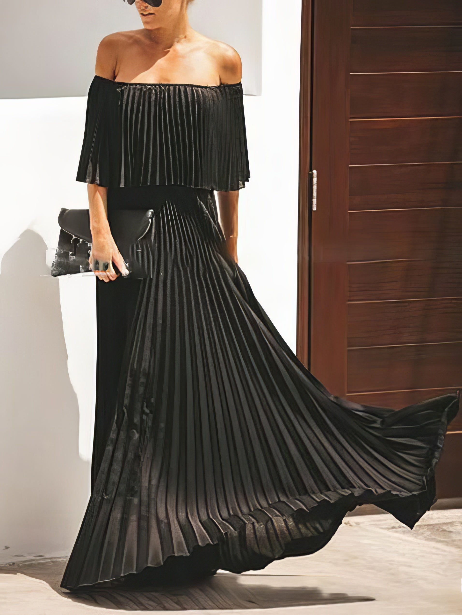 Boat Neck One-Shoulder Pleated Chiffon Dress