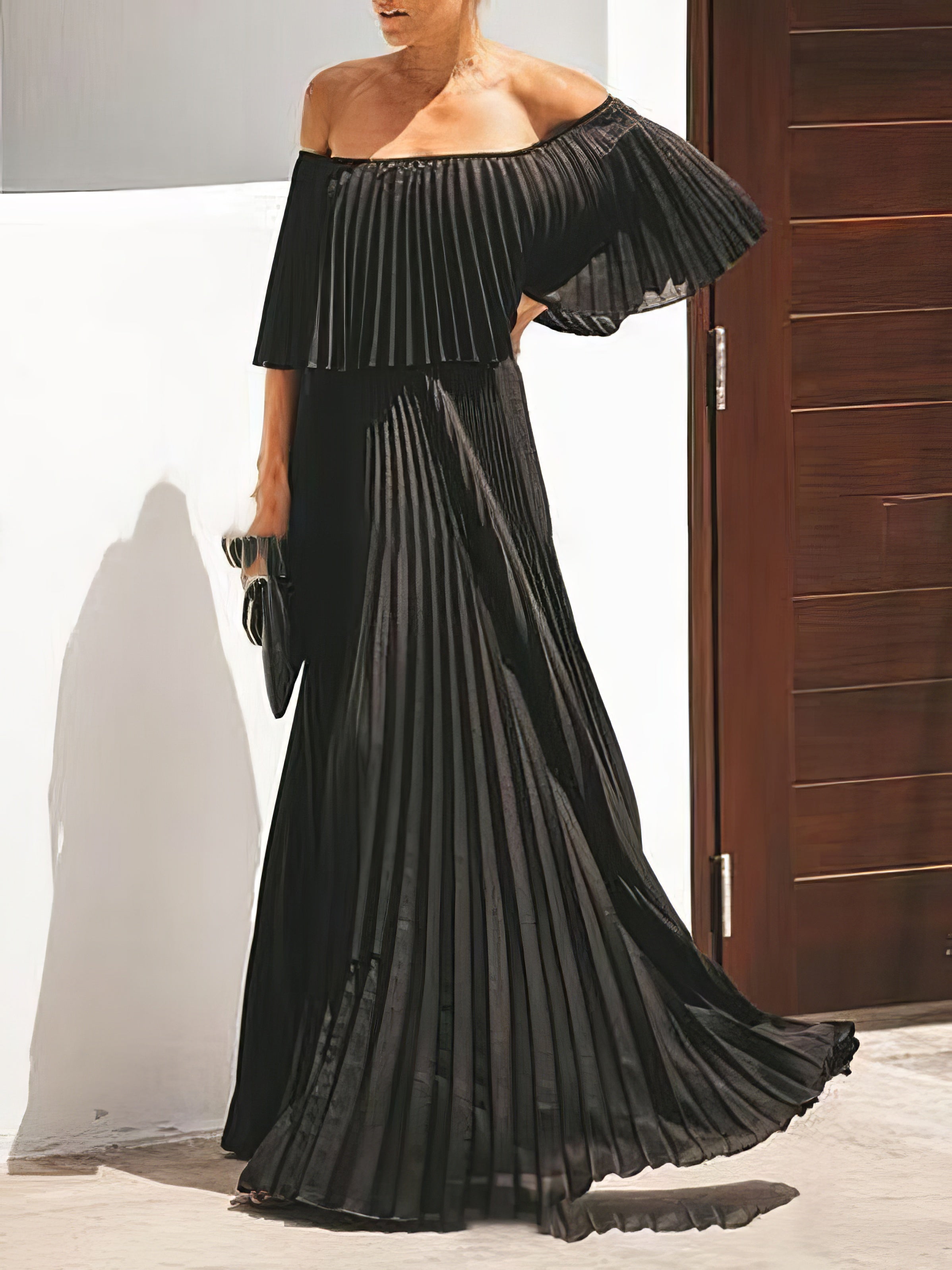 Boat Neck One-Shoulder Pleated Chiffon Dress