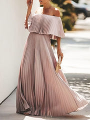 Boat Neck One-Shoulder Pleated Chiffon Dress