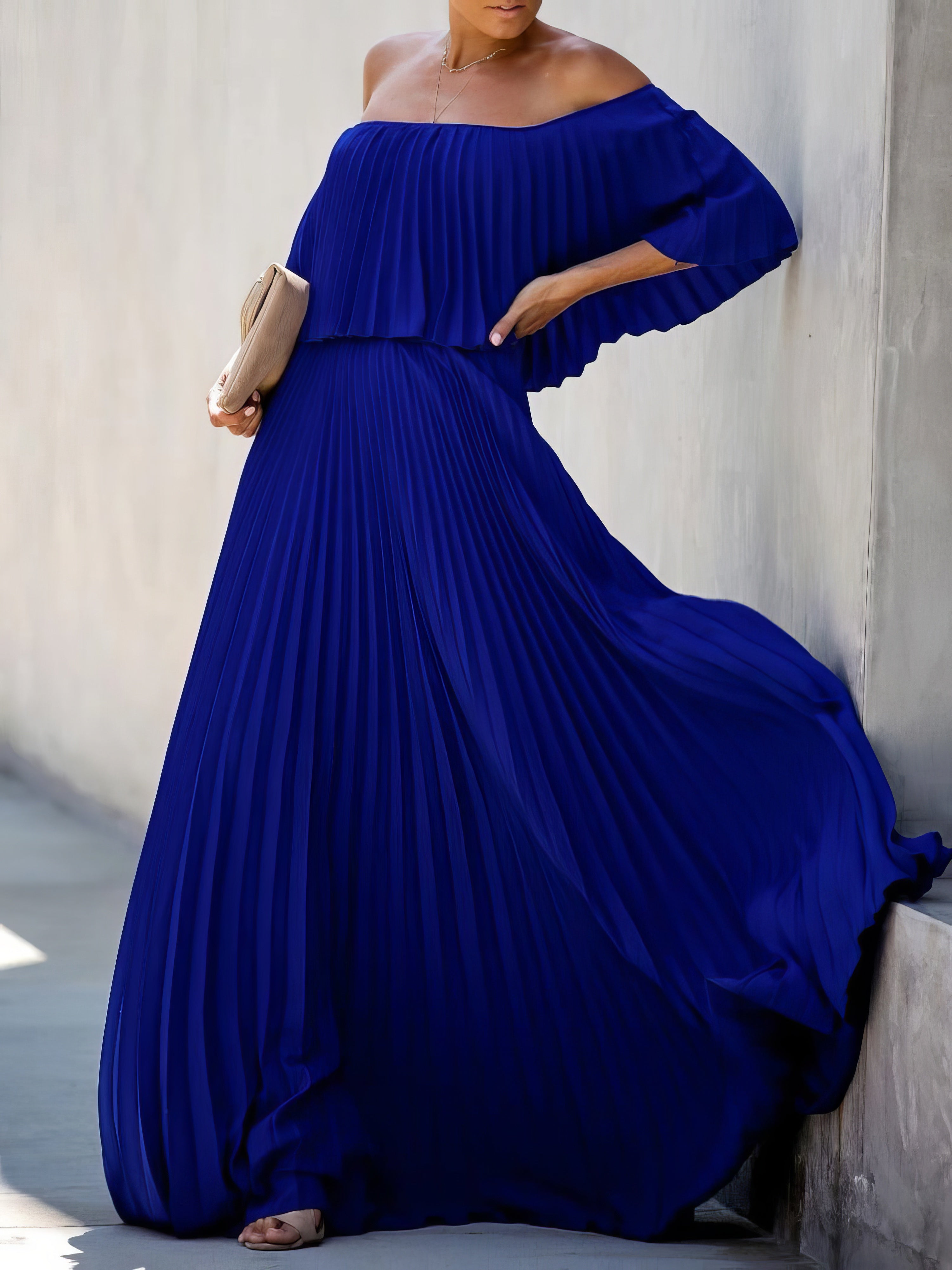 Boat Neck One-Shoulder Pleated Chiffon Dress