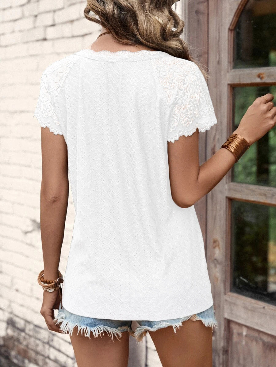 V-Neck Stitching Lace Loose Short-Sleeved T-Shirt