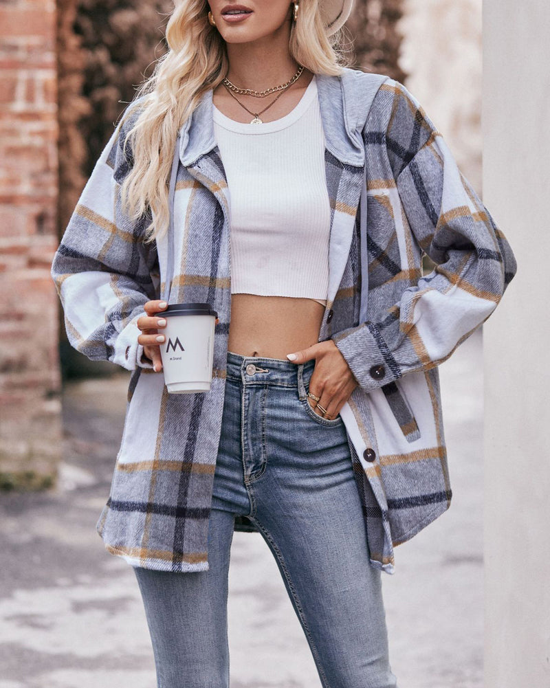 Casual Mid-length Plaid Shirt Hooded Jacket